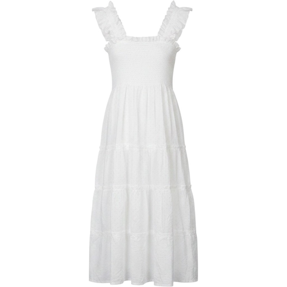 HILL HOUSE HOME Size M Ellie Nap Dress White Pink Swiss Dot Smocked Midi Ruffle